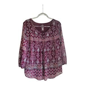 St. John's Bay Womens L Top Floral Burgundy 3/4 Sleeves Sheer Overlay Lined BOHO